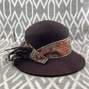 Vintage Betmar Wool Hat in Brown with Gold Detailed Ribbon & Feather Accent